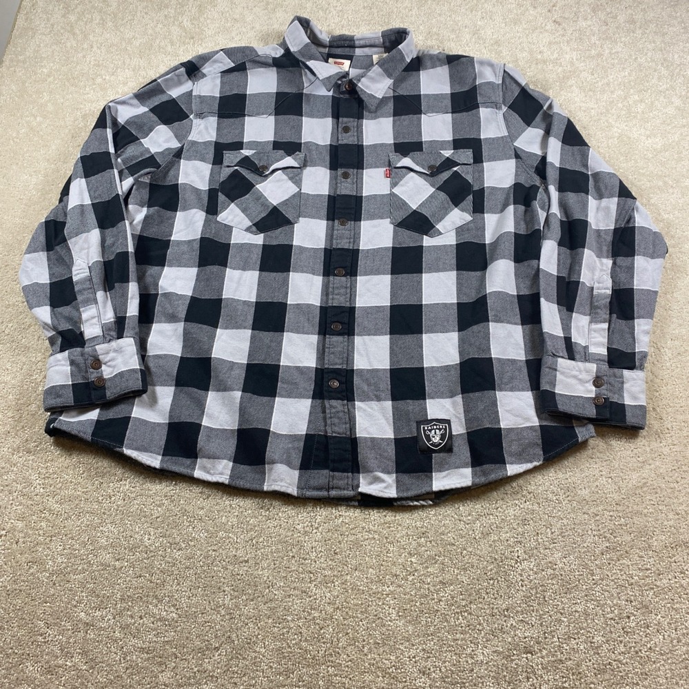 Levi's NFL Raiders Shirt Mens 3XL Black Grey Plaid Flannel Western Button Down